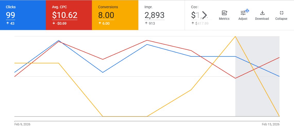 Google Ads PPC performance dashboard — clicks, conversions, CPC